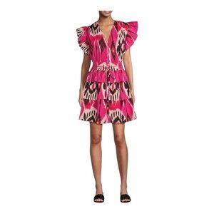Ro's Garden Hunan Boyfriend Tiered Mini Dress Large Printed Cap Sleeve Pink NWT
